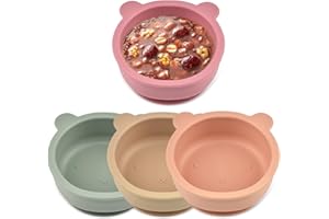 WIYETY Set di 4 ciotole in silicone con ventosa, antiscivolo, per bambini, con supporto a ventosa, lavabili in lavastoviglie e adatti al microonde (arancione, verde, rosa, marrone)