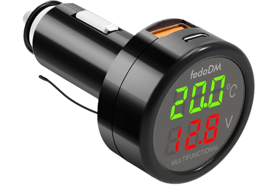 Hoembpn Cigarette lighter USB Charger QC3.0+PD3.0 Car Voltmeter Thermometer with LCD Digital Display Temperature Tester Voltage Battery Monitor Meter Car lighter USB Adapter 12V-24V Cars Trucks Suvs B