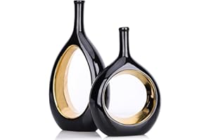 LCCCK Vaso Nero e Dorato Hollow in Ceramica, Set di 2, Vasi Neri per Decorazione Domestica, Vasi Donut Boho in Stile Nordico Minimalista, per Centrotavola da Tavolo, Matrimonio, Sala da Pranzo, Soggiorno