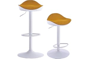 Kidol & Shellder Sgabelli Cucina Sgabello Bar Sedie da Pranzo Set di 2 Bianca Giallo Pile Teddy Cuscino Seduta Girevole Regolabile in PU e Metallo per Casa Cucina Bancone Bistrot