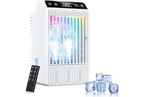 BUBBACARE Aire Acondicionado Portatil con Pantalla, Climatizador Evaporativo 4 EN1 De 1000 Ml Tanque, con Mando, Mini Enfriador de Aire con Doble PulverizacióN y Luz de 7 Colores, Temporizadores de 2-12 H