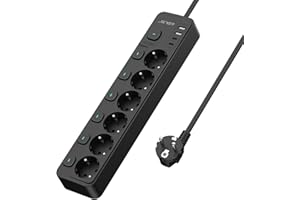 JSVER Regleta con Conmutación Individual, Enchufe Múltiple de 6 Tomas con 2 USB C&2 A, Regleta USB C(3680 W 16 A) para Oficina, Hogar o Viajes, Cable de 2 m