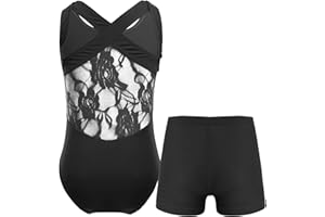 TSSOE Zweiteiliger Mädchen Turnanzug Gymnastikanzug kurzarm Turnbody Tanzbody mit Strass Shorts Tanzshorts Gymnastikbody Ballettkleidung