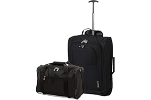 5 Cities Set of 2 Hand Luggage Set Including Ryanair Cabin Approved 21"/55cm Trolley Bag & 40x20x25 Ryanair Maximum Holdall Under Seat Flight Bag (Black + Black)