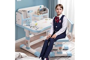IONDELCE Kinder Schreibtisch und Stuhl Set, höhenverstellbar Kinder Studie Tisch Stuhl Set mit Astronaut Muster, Ergonomische Schreibtischstuhl mit großen Schreibtafel, Bücherregal und Schublade (Blau A)