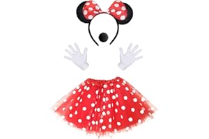 iZoeL Damen Maus Mouse Kostüm Rot Tutu mit weiß Gepunktet + Haarreifen mit Maus Ohren + Handschuhe + Nase für Fasching Karneval Motto Cosplay Party