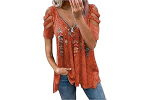 TIMEMEAN Shirts Femmes Chemise Tunique Découpée à épaules Dénudées Chemisier Fluide Imprimé Plumes à Col en V Et Fermeture à GlissièRe De Grande Taille