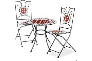 BAKAJI Set Tavolo 60 x 70 cm + 2 Sedie Pieghevoli con Decorazione Mosaico, Tavolino Resistente Salvaspazio per Arredo Esterno, Giardino, Terrazzo, Struttura in Metallo Colore Nero (Design 1)