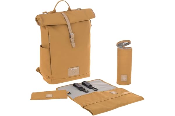 LÄSSIG Bébé Sac à dos à langer Sac à dos avec matelas à langer, fixation pour poussette, porte-bouteille produit durablement/GRE Rolltop Backpack curry