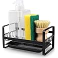 HONZUEN Kitchen Sink Caddy,Stainless Steel Kitchen Sponge Holder Black Wall Mounted Kitchen Sink Caddy Organiser with Drip Tray, Sponge Holder Self Adhesive Sponge Holder for Kitchen Sink