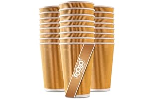 FOOGO Green 50pcs 16oz Disposable Strong Triple-Wall Brown Paper Coffee Cups, FSC® Certified, Fully Compostable, for Hot Drinks, Heat-Resistant Ripple Design, Takeaway Coffee Cups, Party