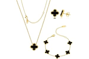 SUNWUUN Four Leaf Clover Jewellery Set,Four Leaf Clover Necklace Earrings Bracelet,Adjustable Chain Set,Jewellery Sets for Women,Valentine's Day Birthday Gift for Women
