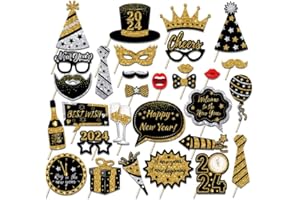 FALAFOTY 2024 Neujahr Foto Requisiten Schwarz Gold Silvester Photo Booth Props Party Dekoration Hut Brille Selfie Requisiten Accessoires für Erwachsene Kinder Silvester Party Zubehör Dekoration (30PCS)