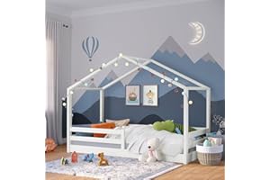 ‎BELLABINO Bellabino Abia Kinderbett 90x200 cm – Hausbett mit Rausfallschutz & Lattenrost – Montessori Bodenbett aus Massivholz Kiefer – Kinder Bett in Weiß für Jungen und Mädchen