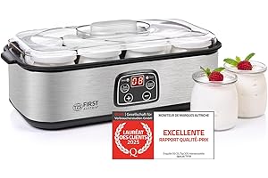TZS First Austria - Yaourtière électrique 25W avec 8 pots en verre de 180 ml pour jusqu'à 1,4L de yaourt fait maison - Avec température de 20-55°C, arrêt automatique et écran LCD - Blanc
