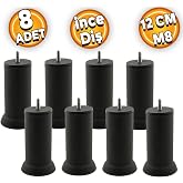 Badem10 Mobilya Baza Metal Kanepe Koltuk Destek Ayağı M8 Cinanatalı İnce Diş Siyah Metal Ayak 12 Cm 8 ADET, Badem10, Small