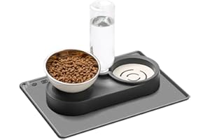Marchul Ciotole Rialzate per Gatti con Supporto Inclinato di 15°, Ciotola in Acciaio Inossidabile con Bottiglia d'Acqua a Gravità da 500 ml, con Tappetino Antiscivolo in Silicone, Facile da Pulire