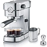 SEVERIN Espressomaschine "Espresa Plus", Siebträgermaschine mit 3 Einsätzen, Kaffeemaschine mit Milchschäumer und Manometer, 