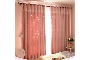 ‎MICHORINEE Michorinee Kinderzimmer Gardinen Mädchen Vorhang Hohle Sterne Prinzessin Verdunkelung Kräuselband Blickdicht Ösenschal Spitze Voile Rosa für Mädchenzimmer 240 × 132cm (H × B)