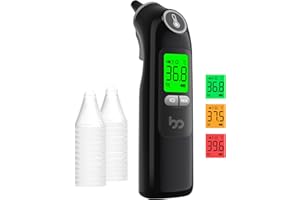 FEMOMETER FAMILY Ohrthermometer, Fieberthermometer Ohr für Baby Erwachsene, digitales Infrarot-Thermometer mit 24 Einweg-Schutzkappen, hygienisch und genau, schwarz