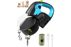 COYONCE 3M Double Retractable Dog Lead, Up to 20kg Non-Slip Handle Dog Lead with Rechargeable Flashlight, Rubbish Box (Bag Included), Walking 2 Dogs, 360° Tangle-Free Nylon Band
