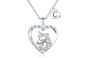 TINGN Collana Unicorno Regali per Ragazze, Ciondolo Cuore Iniziale Placcato Oro Bianco 14k CZ Collana con Iniziale Unicorno per Donna Compleanno Unicorni Regali per Ragazze Gioielli da Bambina