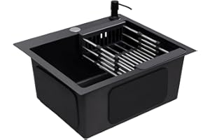 ESYOGEN Edelstahl Einbauspüle Küchenspüle 40 x 45 cm Schwarz Küchenarmatur 360° schwenkbar Unterbauspüle (Spüle + Armatur + Seifenspender, schwarz) (Typ 1)