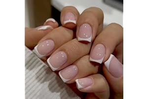 Ceboic 24 Pezzi Unghie Finte Corte Quadrate Press on Nail Francese Acrilico Copertura Completa Premere Sulle Unghie con Bordo Bianco Disegno, Naturali Unghie Adesive per Donna Ragazze Manicure