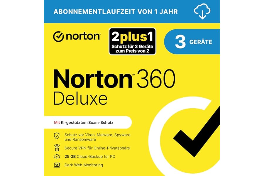 Norton 360 Deluxe 2025 2plus1 | 3 Geräte| 1 Jahr | Aktivierungscode per Email