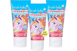 Brush-Baby - Natural Strawberry Kids Toothpaste, 3 x 50ml Tubes - for Ages 3+ - with Xylitol & Fluoride - Strong Teeth, Healthy Gums & Fresh Breath - Gentle Vegan Formula, Safe if Swallowed