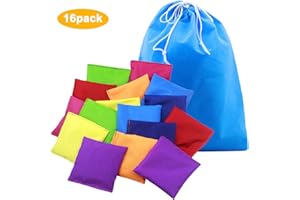 DISINO 16 Pack 10 x 10cm Nylon Bean Bags, Throw Bean Bags Waterproof Sports Toss Game Bean Bag with Drawstring Bag For Games, PE School Events, Training, Coordination - 8 Colors