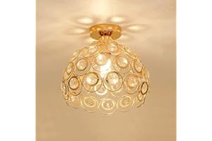 iDEGU Plafoniera Moderna Lampadario Paralume in Cristallo e Metallo LED Sospensione Apparecchio Vintage Industriale E27 Lampada da Soffitto Interno, Decorazione per Camera Corridoio - Oro 26 CM