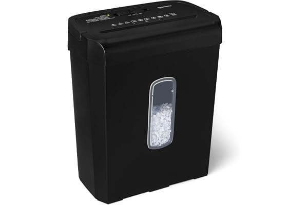 Amazon Basics Destructeur de Documents à Coupe Croisée pour 6 Feuilles et Destructeur de Cartes Bancaires, 14L, Noir