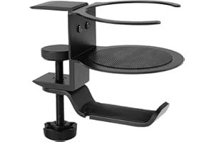 LINGSFIRE Kopfhörer-Aufhänger, um 360 Grad drehbar, Aluminium PC Gaming-Headset-Ständer, Becherhalter und Kopfhörer-Haken mit Kabel-Organizer Universelle Passform Kopfhörer-Klemmhaken (Schwarz)
