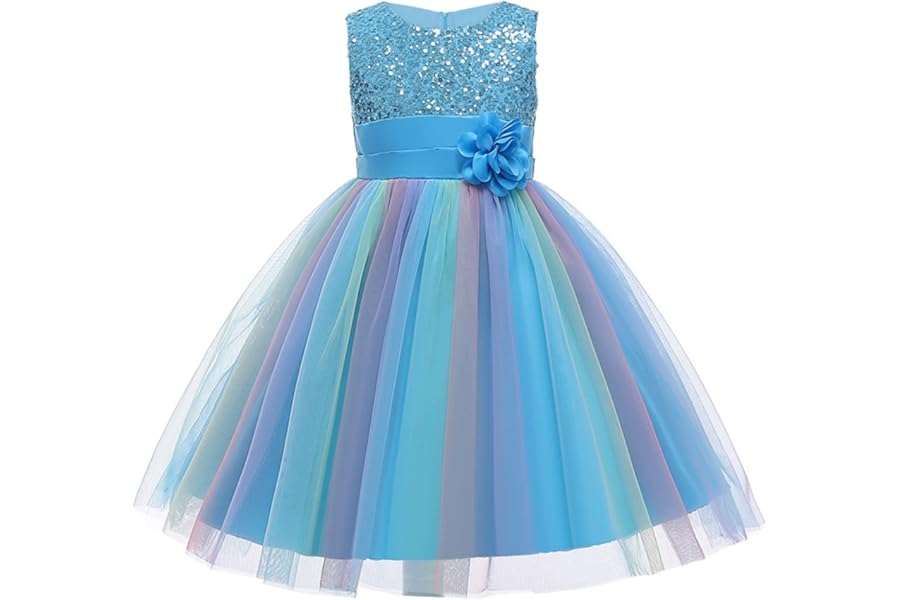 M MUNCASO Girls Princess Dress Sequin Tulle Flower Rainbow Round Collar Sleeveless Formal Dress Birthday Party Wedding Bridesmaid Girl Evening Dresses Toddler Baby Age for 2-13 Years
