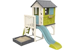 Smoby – Stelzenhaus - Spielhaus mit Rutsche & Sandkasten, mit Fenstern, Tür, Veranda, Leiter, für Jungen und Mädchen ab 2 Jahren