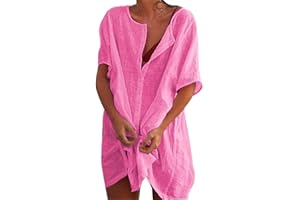Sfit Damen Strandkleid Bikini Cover Up mit Rund Ausschnitt Knopfleiste Kurzarm Beach Strandponcho Pareos Sommerkleid Locker Bademode Strandtunika Vertuschen Shirt für Urlaub