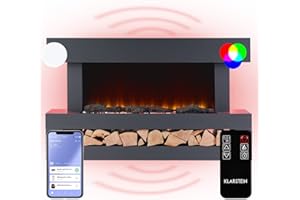 Klarstein Chimenea Electrica Bajo Consumo Pared, Estufa sin Leña de Interior, Chimeneas Electricas Decorativas 2000W, Llama LED, Chimenea Decorativa con Mando, Temporizador y Efecto Real Troncos