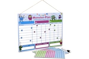 ‎EWTSHOP ewtshop® Monster Belohnungstafel, magnetisch, Wochenplaner mit Monster-Magneten für bis zu DREI Kinder, 40 x 30 cm