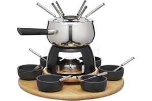 Artesà Fondue-Set mit Lazy Susan Drehteller, Edelstahl-Fondue-Topf mit Brenner, Dippschalen und Zubehör, 22-teilig, schwarz