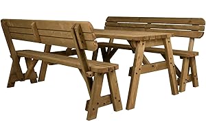 Arbor Garden Solutions Wooden picnic table and benches with backrest, Victoria rounded patio furniture set (7ft, Rustic Brown)
