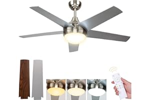 OMDEKOR Wentylator sufitowy z pilotem zdalnego sterowania, wentylator sufitowy 30W DC z oświetleniem LED, 3000K-6500K, 52'' 5 łopatek 6 prędkości wentylatora do salonu sypialnia klasa jadalnia kuchnia biura