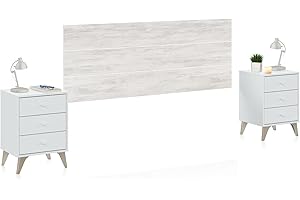 duehome | Pack Cabecero y 2 Mesitas de Noche, Dormitorio Doble, Dormitorio Completo, Modelo Iconic, Acabado en Blanco Artik y Blanco Velho