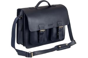 Schoolmaster classic, stilvolle Lehrertasche & Aktentasche aus echtem Leder, viele Innenfächer, Umhängetasche für Damen & Herren, 40 x 32 x 18 cm, in Dunkel-Blau, Braun, Bordeaux