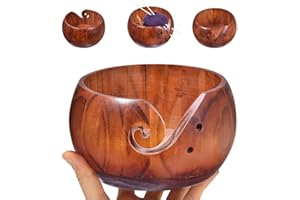 FIYSON Bol Fil en Bois,Fabriqué en Bois Portable Fil Bol en Laine Tricot Bols Crochet Titulaire Perceuses Bol de Rangement en Laine vec Trous Sculptés pour la Laine à Tricoter au Crochet Accessoires