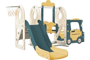 KOAVAE 5 in 1 Kids Slide for Toddlers Age 1-3 Slide and Swing Set, Indoor Slide Playground Set with Basketball Hoop for Children, Outdoor Slide Freestanding Playset with Ladder, Made of HDPE