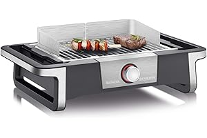 ‎SEVERIN SEVERIN SENOA BOOST Elektrogrill für drinnen und draußen, Tischgrill mit schnellem Grillstart bis 500 °C, Balkon Grill mit SafeTouch-Oberfläche, Edelstahl/Schwarz, PG 8113