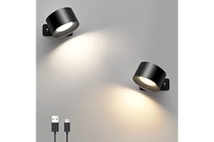 Mexllex 2PCS LED Wall Light，Rechargeable LED Wall Lamps，3 Brightness Levels 3 Color Modes，360° Rotatable Touch Control，Wireless Wall Mounted，Reading Lights Bedroom Night Lights Black