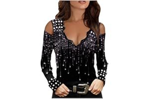 NUSGEAR 2022 Camiseta de Manga Larga Huecas Mujer, Moda Impresión Blusa Sexy Encaje Cuello en V Camisa Basica Camiseta Slim Fit Un Hombro Primavera gótico Tops Casual Punk T-Shirt Fiesta Original tee