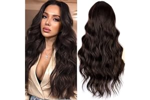 PORSMEER Parrucche Donna Lunghe Ricci Parrucche sintetiche Parrucche di capelli Marrone scuro con cuffia parrucca per donne bianche
